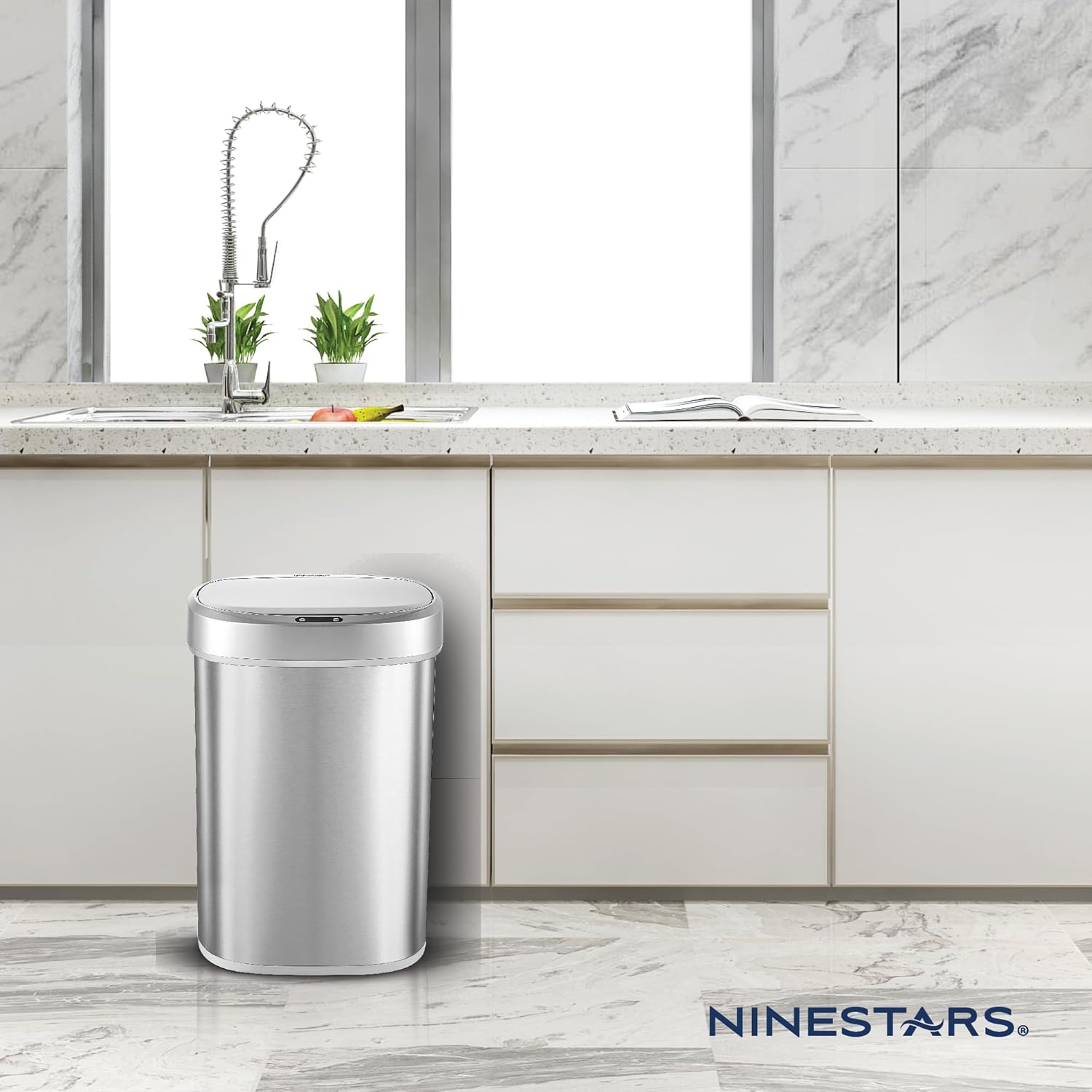 NINESTARS DZT-50-49 Automatic Touchless Motion Sensor Oval Trash Can, Black Top, 13 Gallon/50 Liter, Stainless Steel