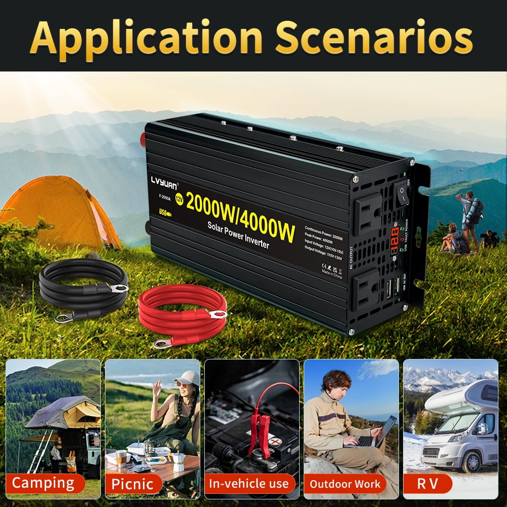 2000W 4000W Peak Modified Sine Wave Power Inverter 12V DC to 110V AC Converter Adapter USB Charger, 2AC Outlets & 2 USB, LED Display for Car, RV, Outdoor Camping & Home Backup Black