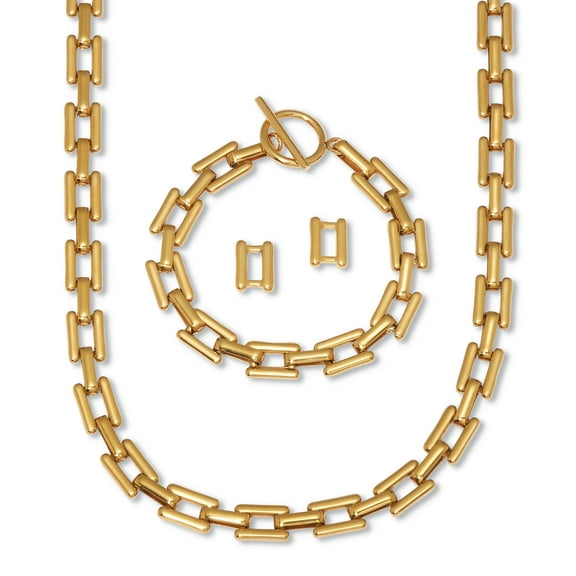 Yellow Gold Ion-Plated Stainless Steel Square Link Jewelry 3-Piece Set