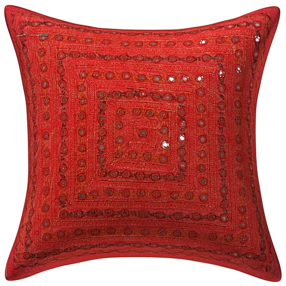 Stylo Culture Ethnic Sofa Throw Pillow Cover Boho Embroidered 16x16 Mirrored Dark Peach Bohemian 40 x 40 cm Living Room Cotton Geometric Square Cushion Cover | 1 Pc