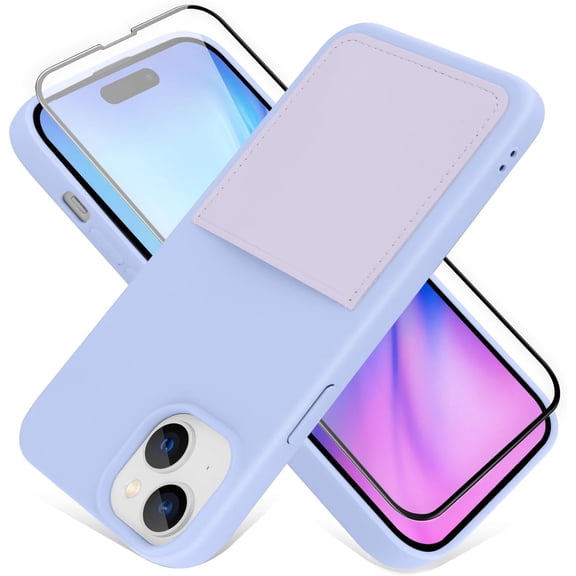 Compatible with iPhone 15 Case Liquid Silicone Card Holder Soft Screen Protector Wallet Anti Scratch Microfiber Lining Full Body Protection Shell -Purple