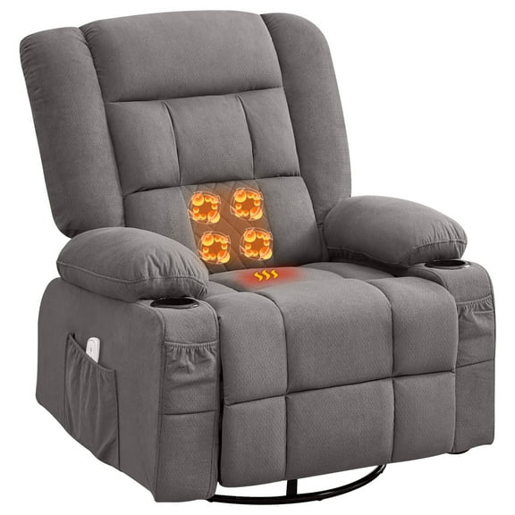 Kneading Massage Rocker Recliner Chair with 4-Point 3D Kneading Massage and Heat, Swivel Recliner with Cup Holders and USB Charge Port for Living Room, 350LBS Weight Capacity, Grey