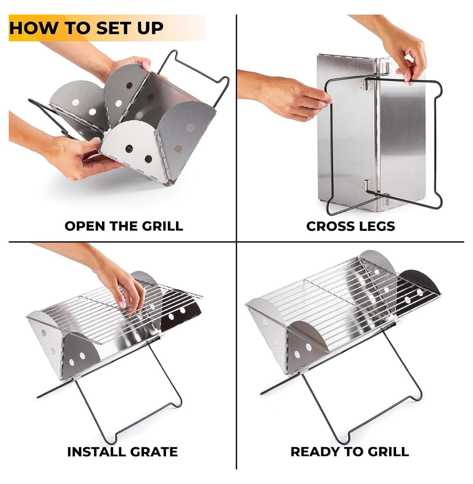 Camping Grill Stainless Steel, Portable Charcoal Grill, Foldable BBQ for Hiking & Picnics