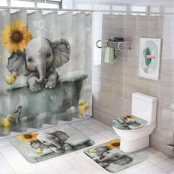 4Pcs Cute Elephant Shower Curtain Set with Rugs, Toilet Lid Cover and Bath Mat, Orange Sunflower Duck Animal Bathroom Curtains Decor Shower Curtains, 72" x 72"