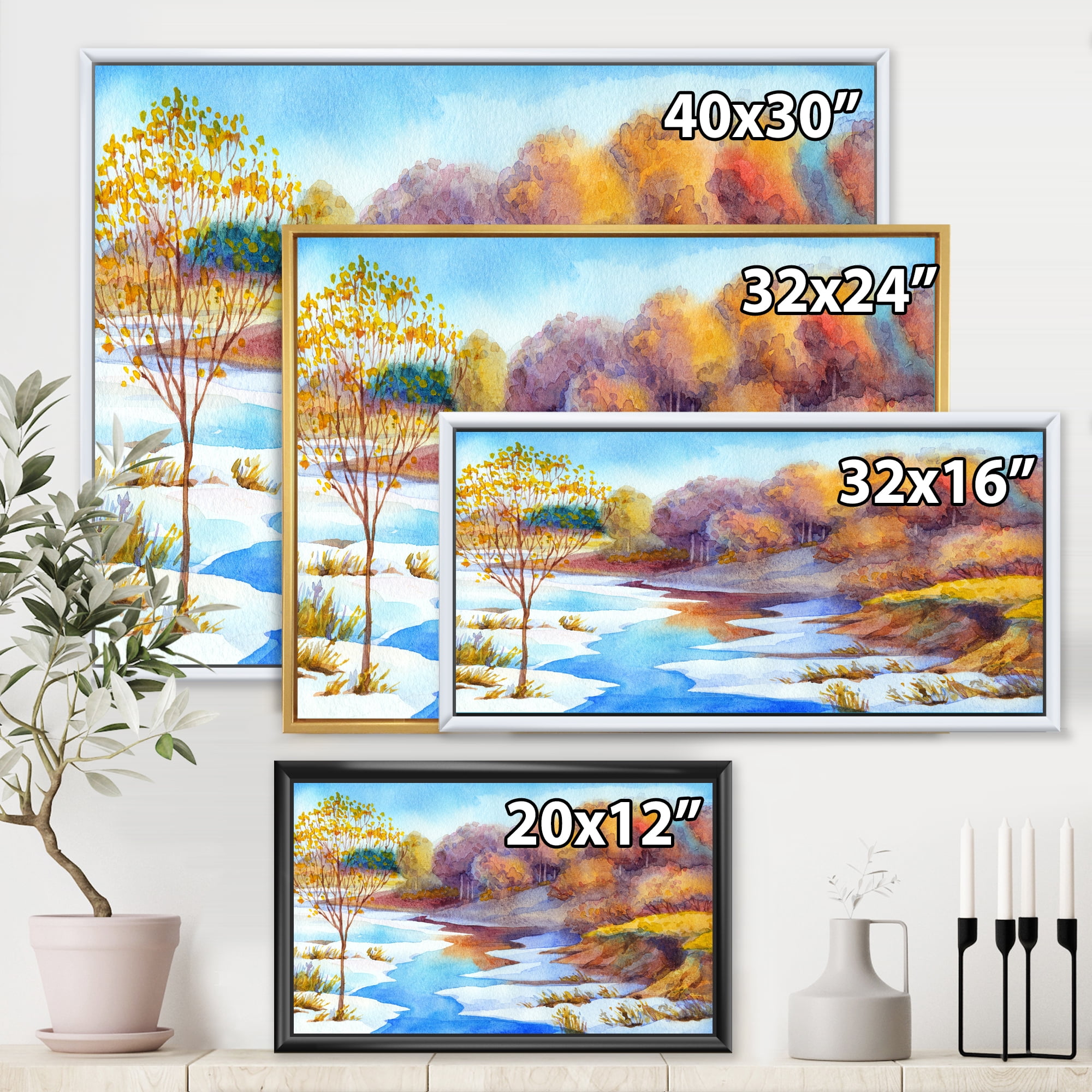 Designart 'Stream Though The Winter Forest Valley' Lake House Framed Canvas Wall Art Print