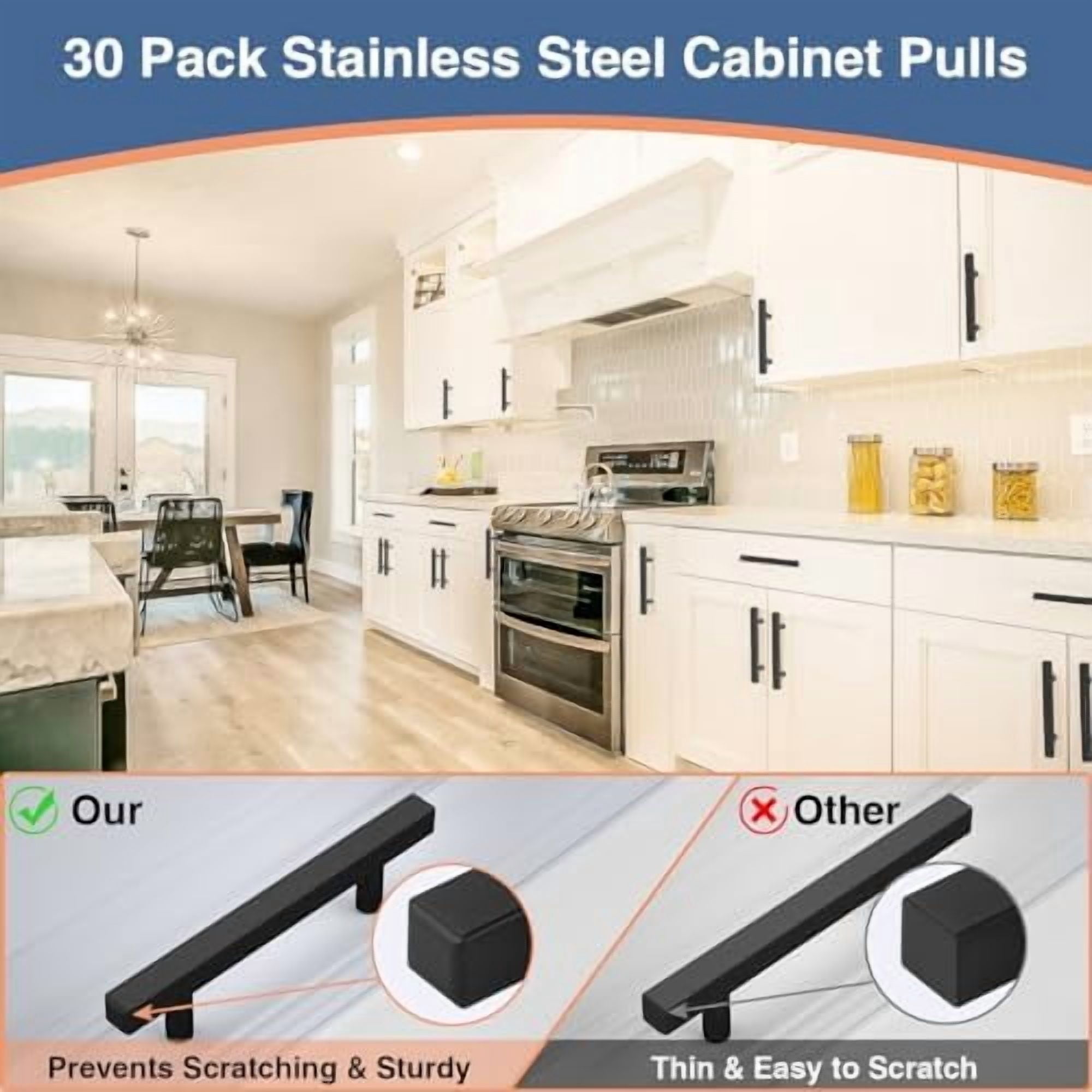 30 Pack 6 inch Square Cabinet Handles Matte Black Drawer Pulls, 3-3/4" Hole Center Kitchen Handles for Cabinet Pulls, Stainless Steel Cabinet Hardware for Bedroom Bathroom Office