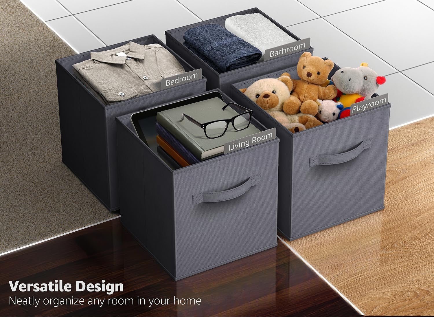 Sorbus 11" Collapsible Fabric Storage Cubes - 6 Foldable Bins with Handles for Clothes, Toys, Books (Gray)