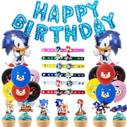 76 Pack Sonic Hedgehog Birthday Decorations Party Supplies, Included Sonic Birthday Party Banner Balloons Cupcake Toppers and Silicone Bracelet Shoe Charms Party Favors