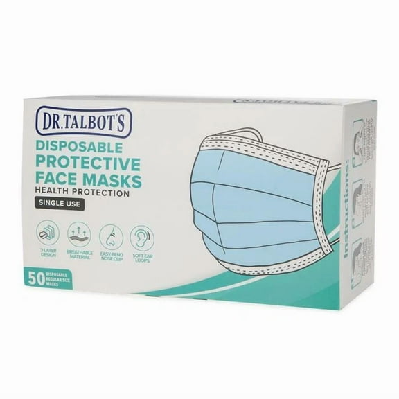 Dr. Talbot'S Disposable Protective Face Masks - 50 Pack - Adult - Single Use