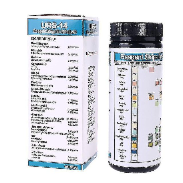 100 tiras reactivas de orina urs-14, 14 parámetros urobilinógeno, bilirrubina, cuerpos cetónicos, creatinina — caja blanca y frasco negro frontales; etiqueta del frasco muestra tabla de colores para lectura de resultados y la caja lista ingredientes y parámetros impresos en columnas, tapa negra; adecuado para análisis casero de orina.