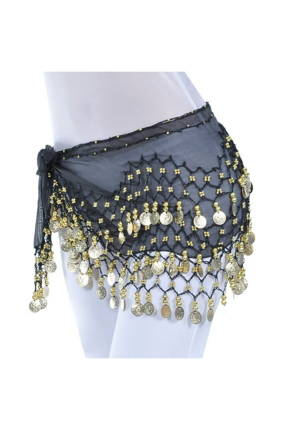 Belt Chiffon Belly Dance Hip Scarf Wrap Belt Tribal Sash Skirt Silver 128 Coins