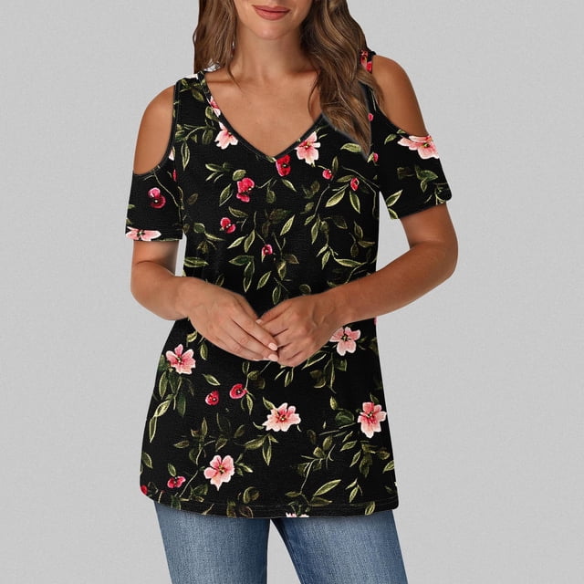 Soki Women's Off Shoulder Tee Clearance Blouses Short Sleeved V-Neck Fashionable Tops