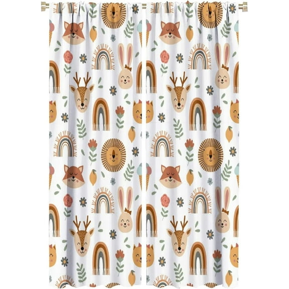 Kids Colorful Animals Curtains Cute Cartoon Funny Wildlife Rainbow Flower Leaf Art Print for Kids Bedroom Nursery Decor Rod Pocket Blackout Window Drapes 2 Panels 42x63in