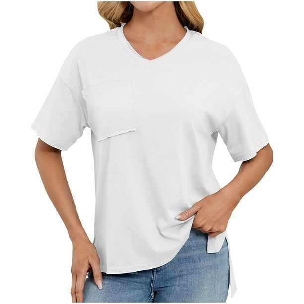 Camiseta de Manga Corta de Bolsillo de Cuello en V de Color Sólido, con Detalle Del Doblado de la Hendidura para el Uso Diario Y de Ocio