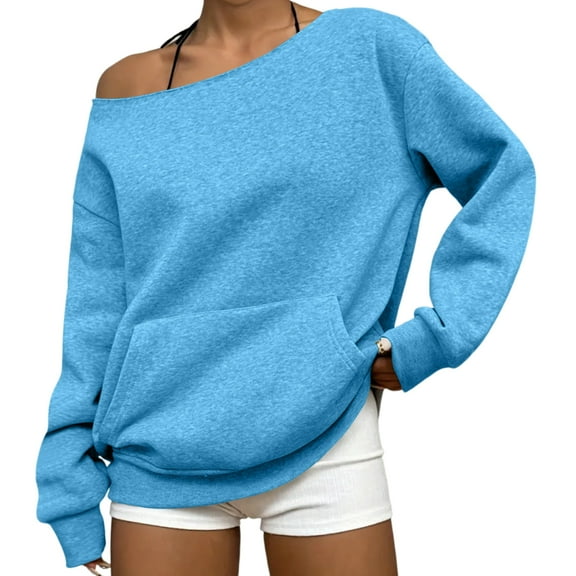Mohiass Women's Off Shoulder Sweatshirt with Pocket Long Sleeve Crewneck Pullover Solid Color Casual Shirts Autumn Fashion Plus Size Tops Sky Blue XL