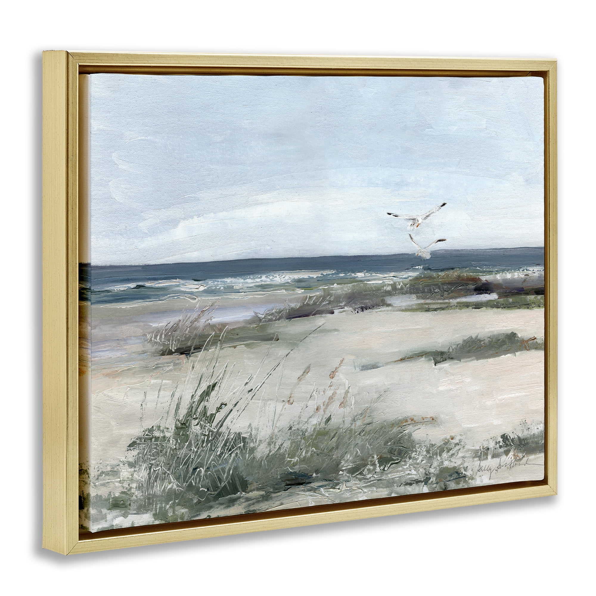 Stupell Industries Seagull Pair over Waves Gold Framed Floater Canvas Wall Art, design by Sally Swatland