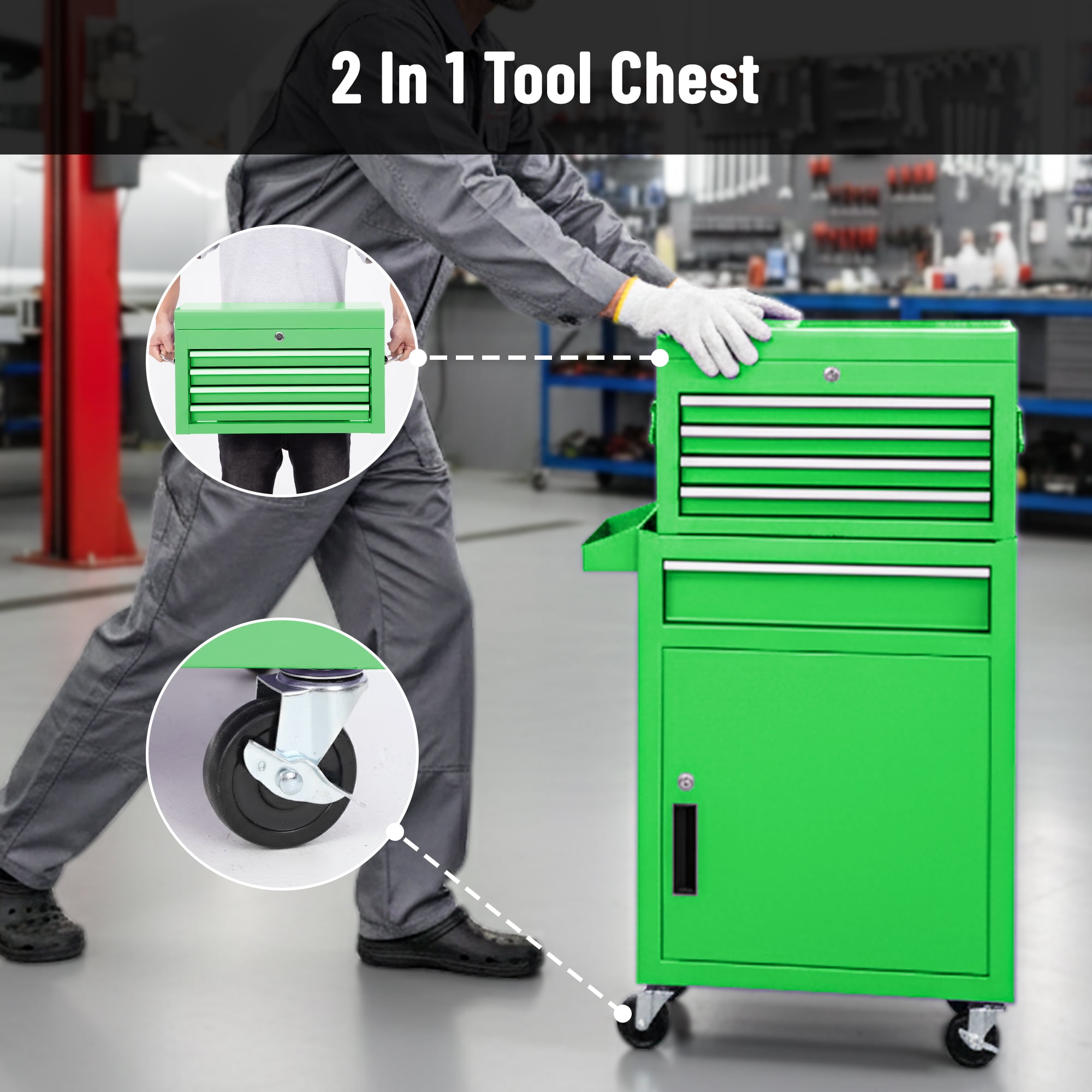5-Drawer Tool Chest on Wheels, 2 In 1 Rolling Tool Storage Cabinet, Tool Organizer for Garage, Workshop, Warehouse & Repair Shop, Green