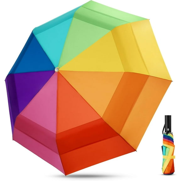 Rainbow Umbrella - Oversized Double Layer Windproof Golf Umbrella Folding Compact, Automatic Open&Close