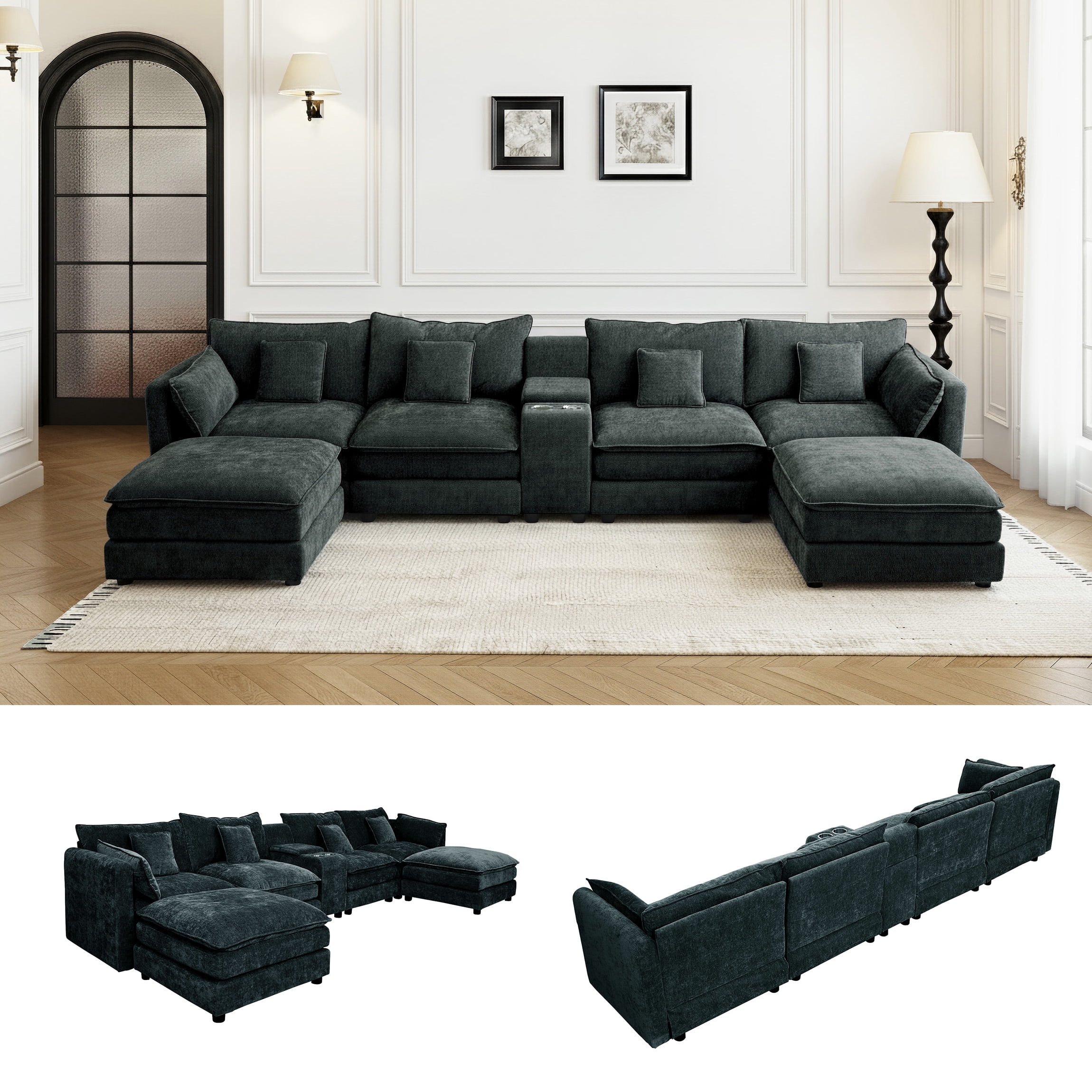144" Cloud Couch, Black-Gray Modular Sectional Sofa, Chenille 6 Seat U Shaped Couch with Storage Box, Cup Holders and Movable Ottoman