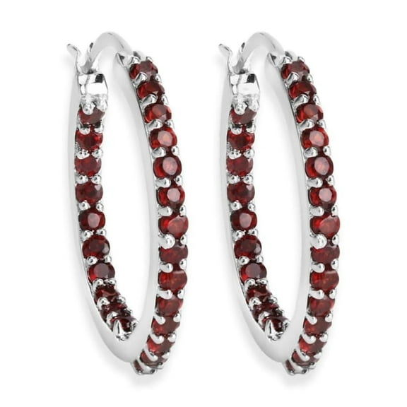 Genuine Garnet Earrings in 925 Sterling Silver with Rhodium Plating 1.92 Carat Round Shaped Garnets January Birthstone Jewelry Gift Red Gemstone Hoop Earrings For Women