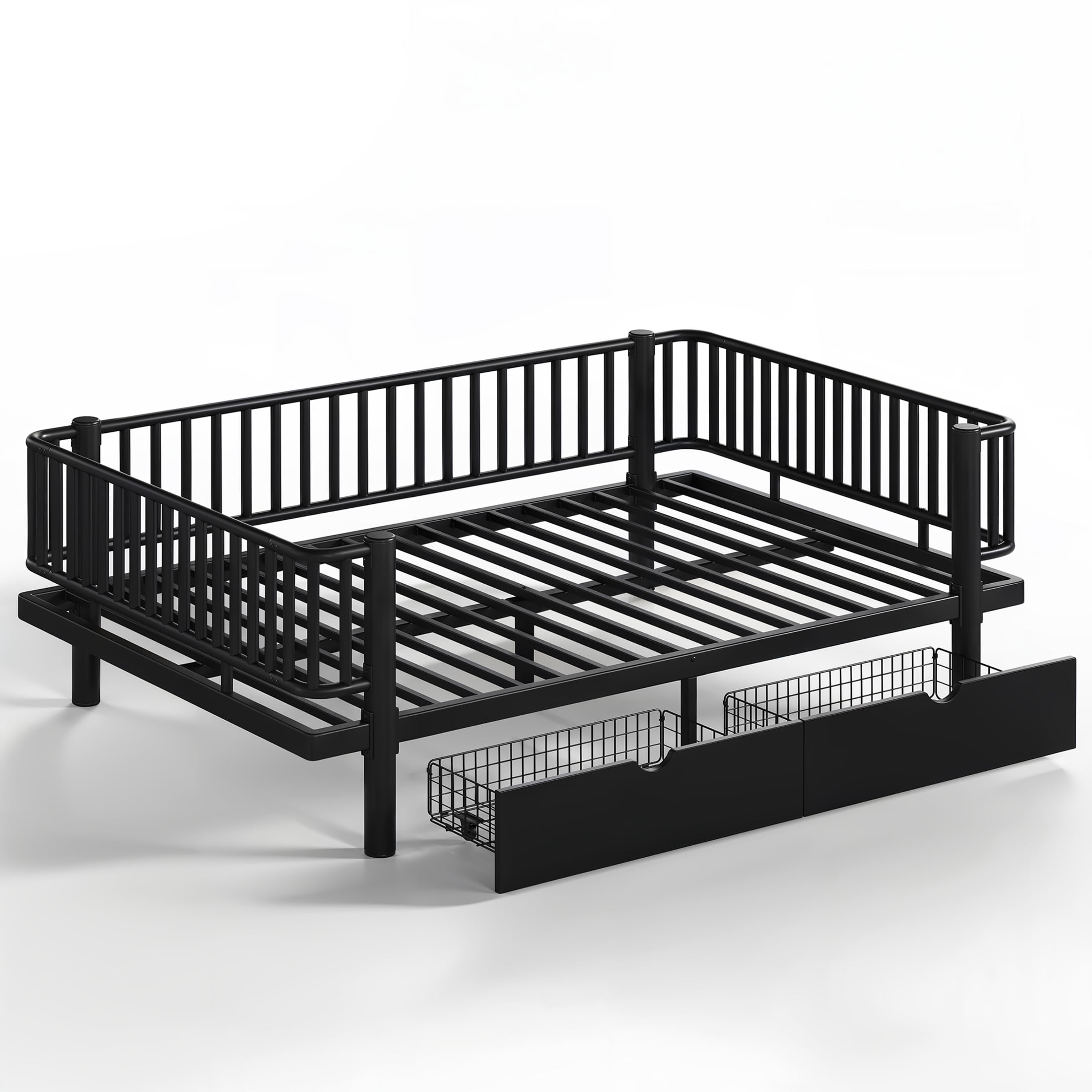 Noble House Full Size Platform Bed with Storage Drawers, Daybed Frame with Round-Pipe Design, Black
