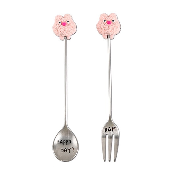 Naiovety 2 cucharas de dibujos animados para postres, tenedores de fruta, cucharas únicas para una experiencia elegante, vajilla con acabado Mostrada rosa