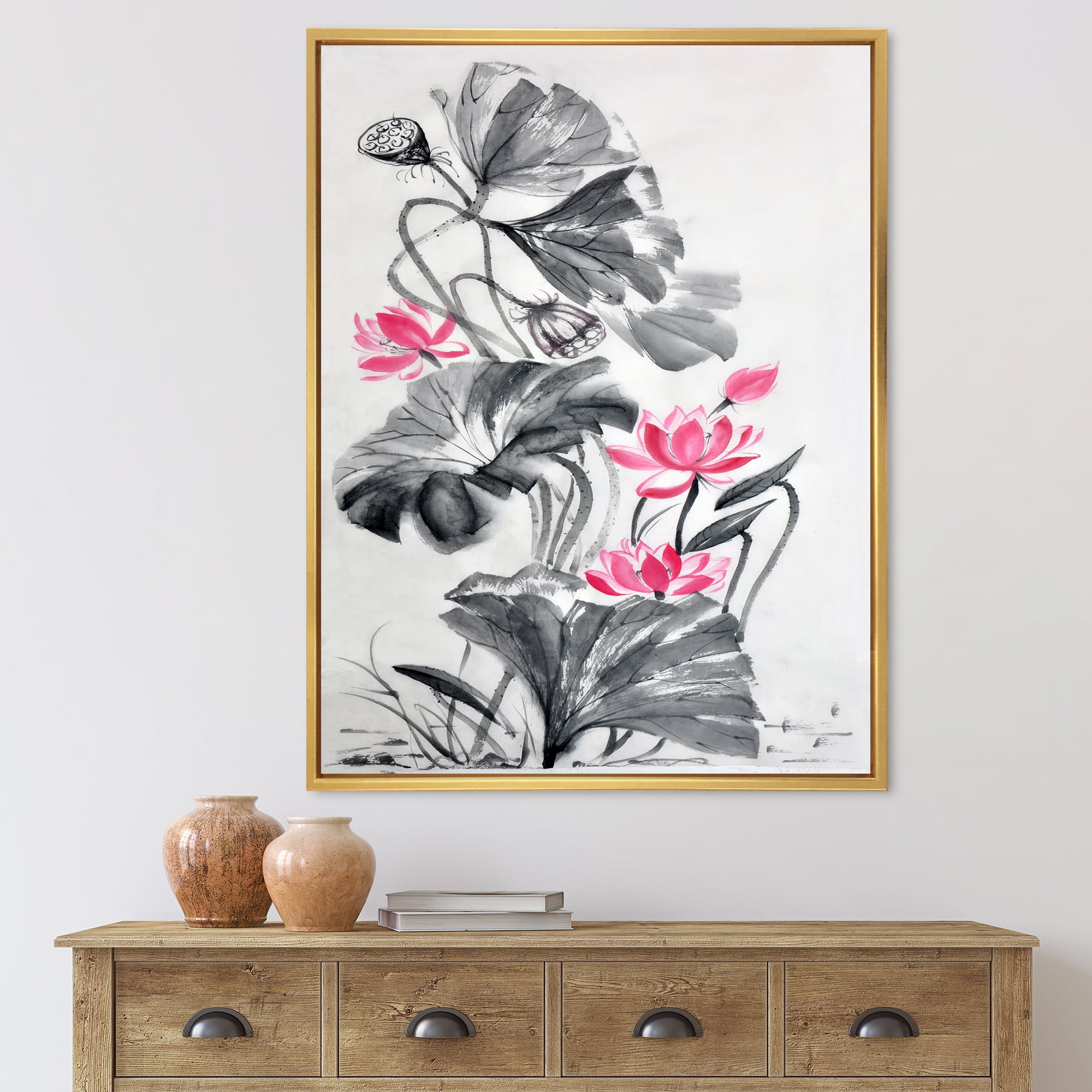 Designart 'Pink Vintage Lotus Flower and Monochrome Leaves' Traditional Framed Canvas Wall Art Print