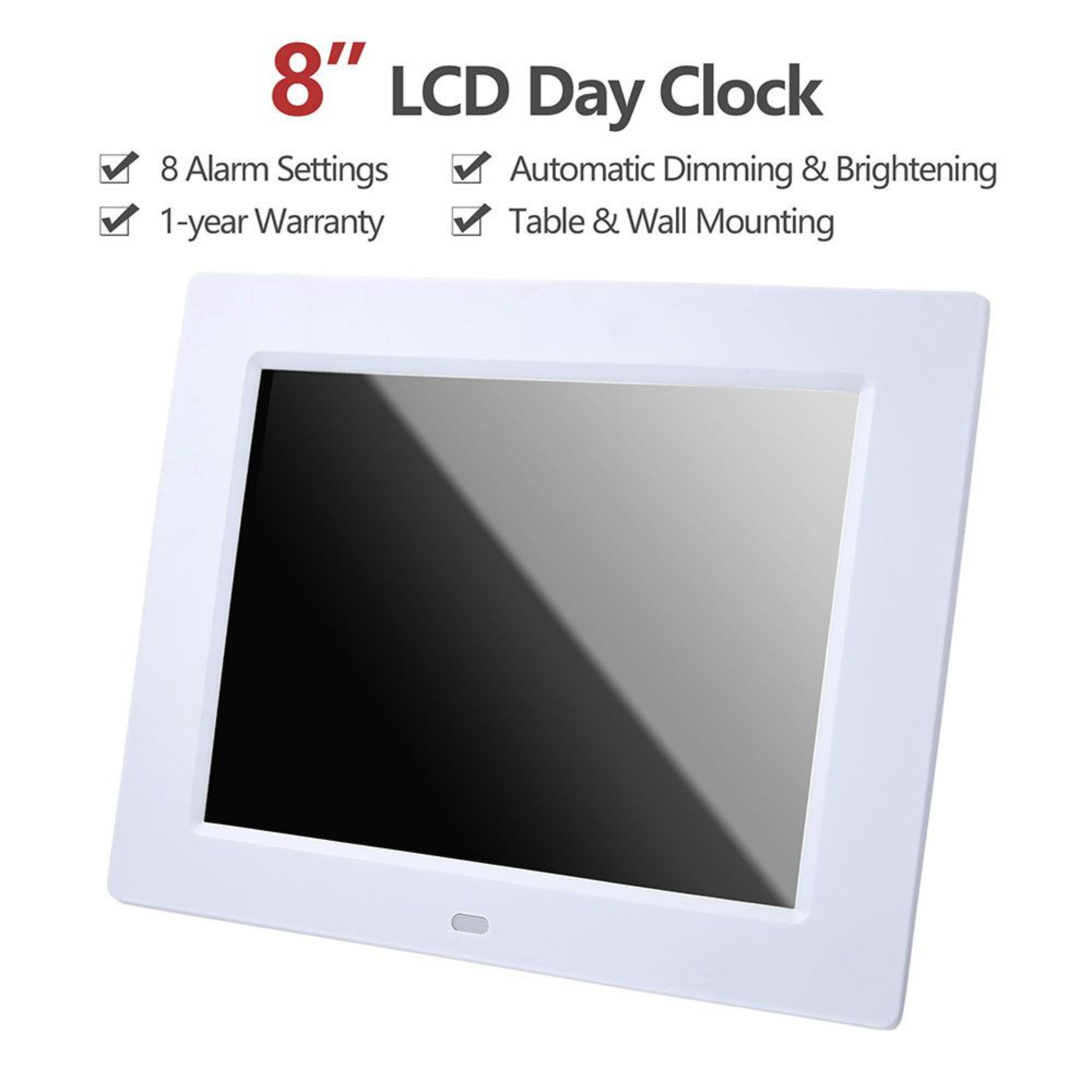 White Hanging Electronic Calendar, 8-inch LCD Digital Clock, Adjustable Brightness, Built-in Stand, Easy Installation, Suitable for Dormitories, Offices and Bedrooms.