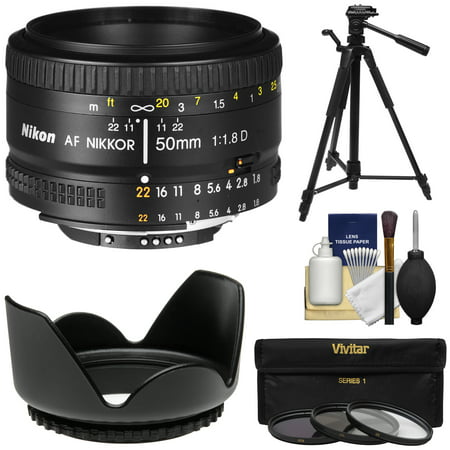 Nikon 50mm f/1.8D AF Nikkor Lens with 3 Filters + Hood + Tripod Kit for D7100, D7200, D610, D750, D810