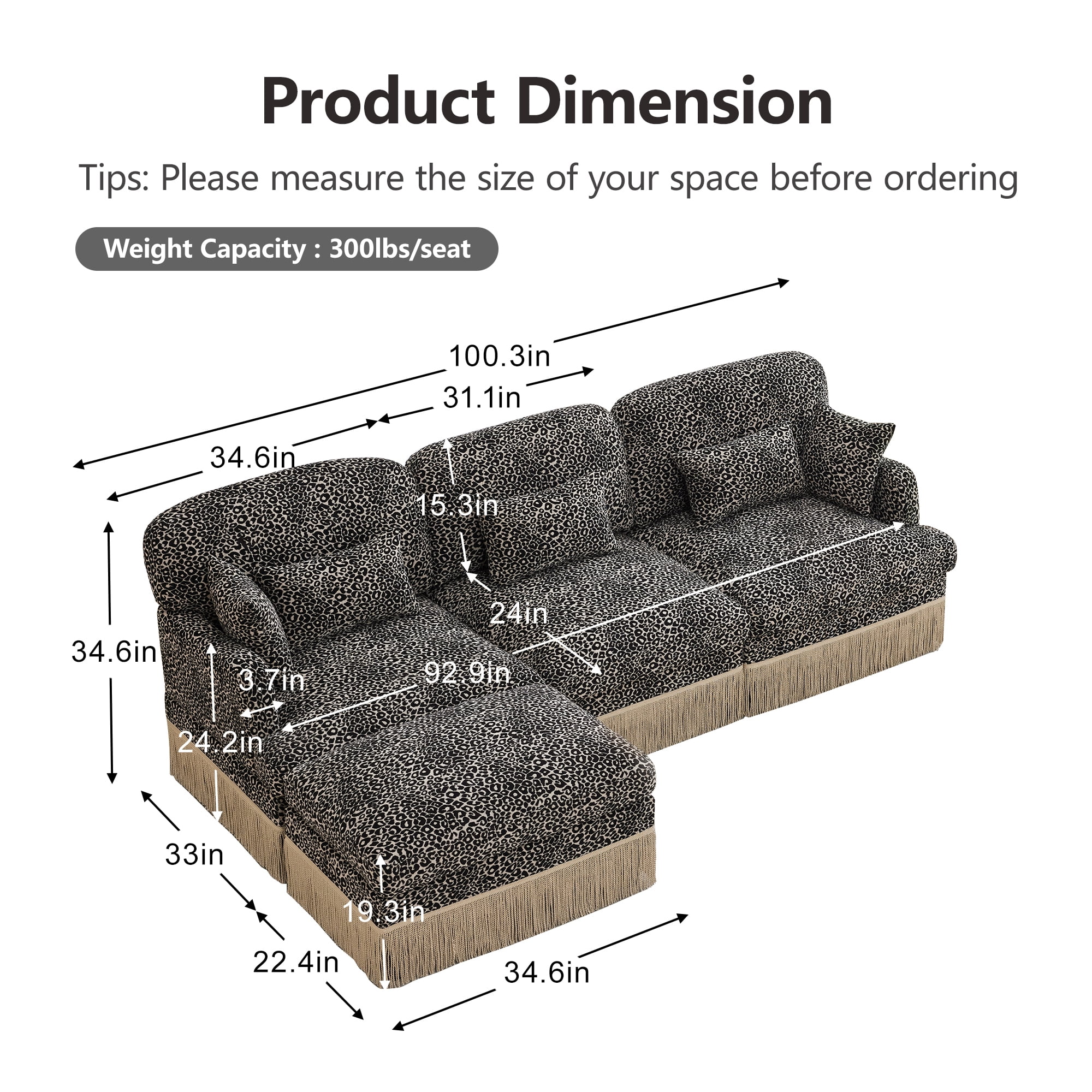 100" Chenille Leopard Tassel Deep Seat L Shape 3 Seater Modular Sofa Couch with 5 Throw Pillows and Ottoman