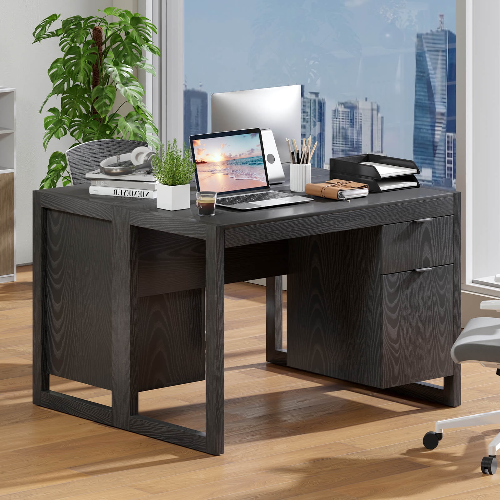 Costway Computer Desk with Storage Cabinet Pull-out Drawer Stable Thick Legs for Bedroom Black