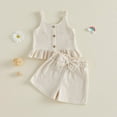 thumbnail image 4 of vigerkar Toddler Baby Girl T Shirt Shorts Set Waffle Bow Sleeveless Slip Ruffle Tops Matching Outfit Spring Summer Clothes (Beige, 12-18 Months), 4 of 7