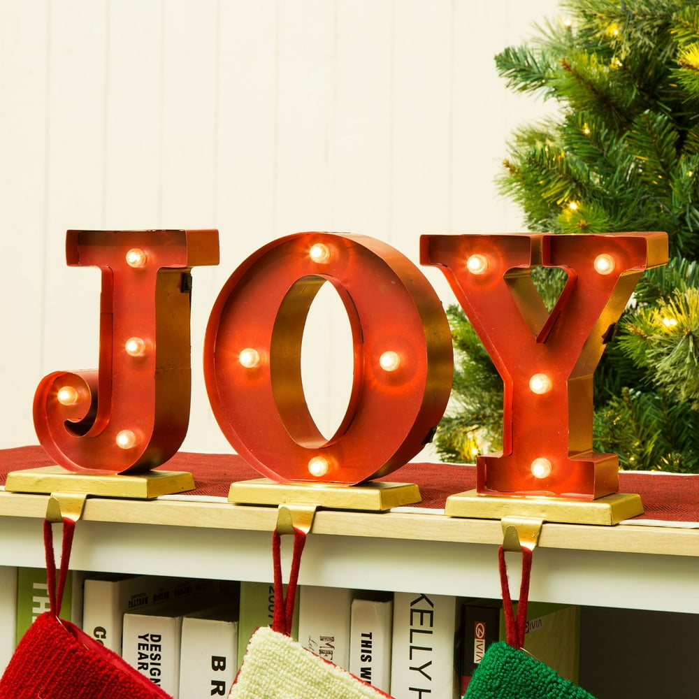 Glitzhome 8.46"H Marquee LED Lighted "JOY" Stocking Holder Set