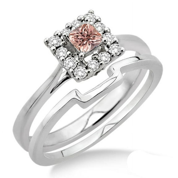1.25 Carat Morganite & Diamond Bridal set Halo on 10k White Gold