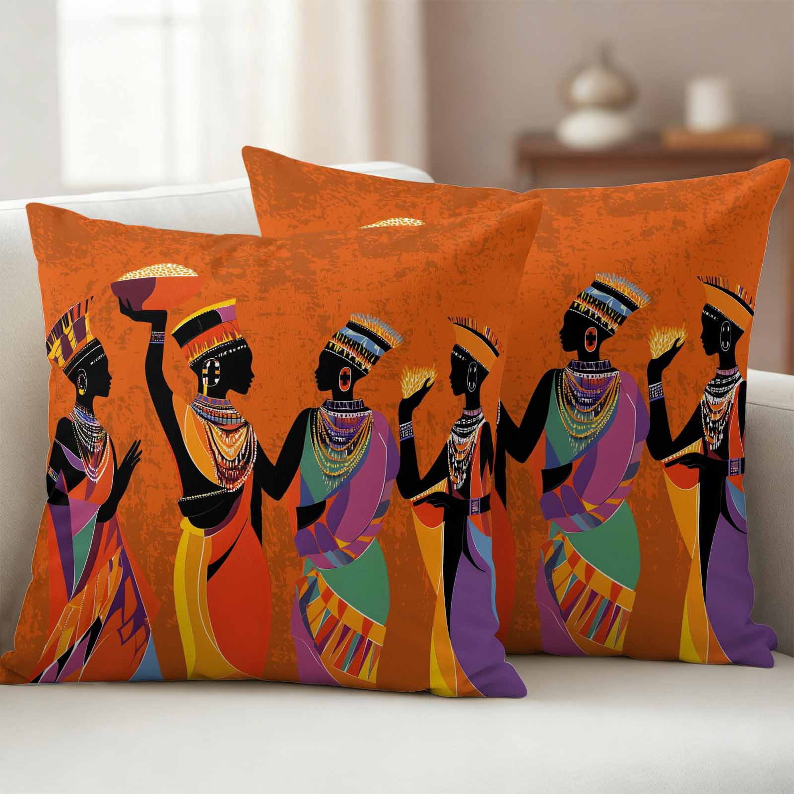 Outdoor Pillow Covers African Black Woman Ethnic Style Waterproof Pillow Cases 18x18 Set of 2, Retro Orange Gradient Throw Pillow Cover Pillowcase for Patio Balcony Couch Garden