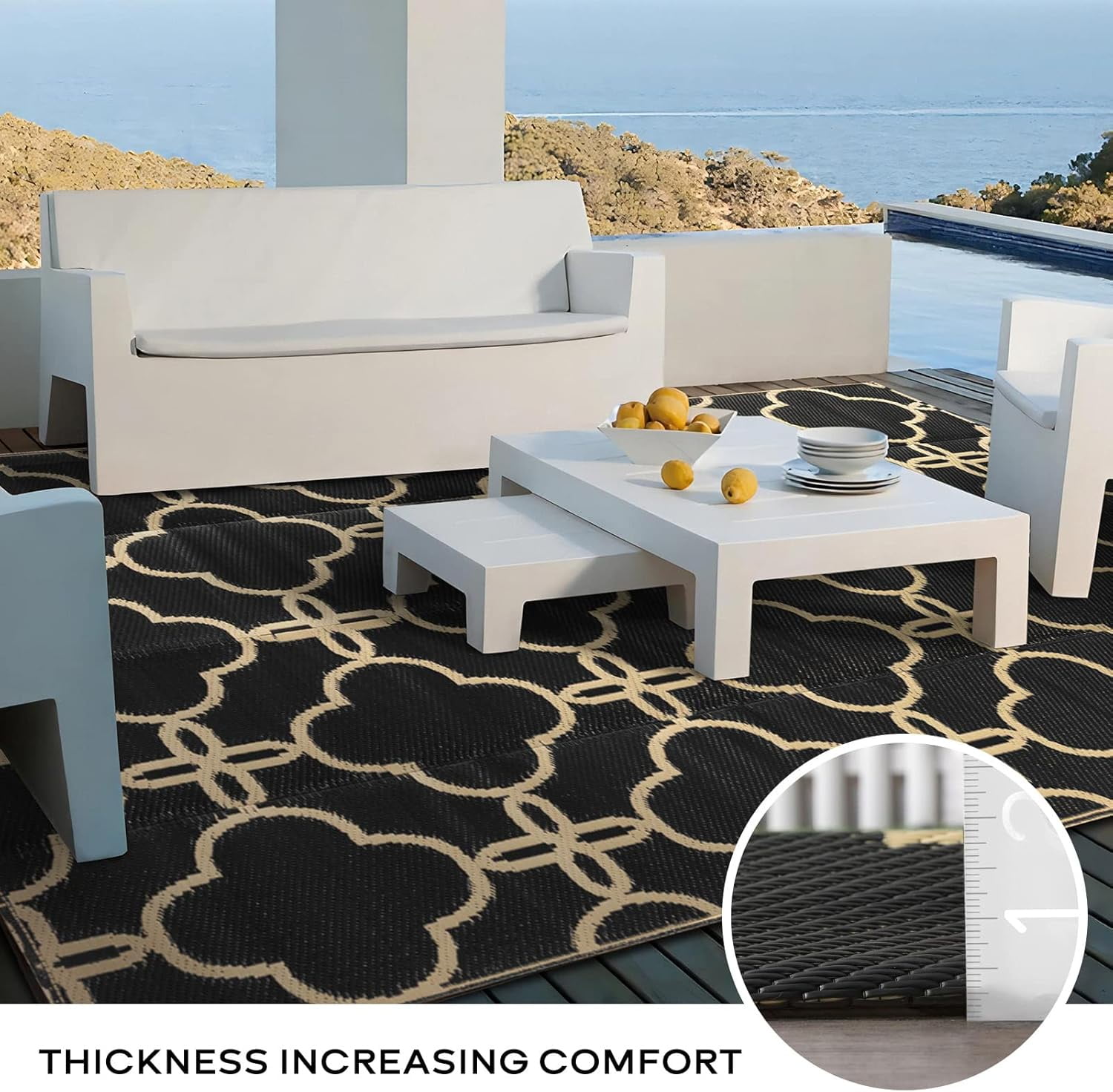Waterproof Outdoor Patio Rug - Reversible Plastic Straw Camping Mat with Carrying Bag - Ideal for RV, Picnic, Backyard, Indoor Use - Durable & Easy-Clean Design, 5 x 8 ft, Black, 1 Pack