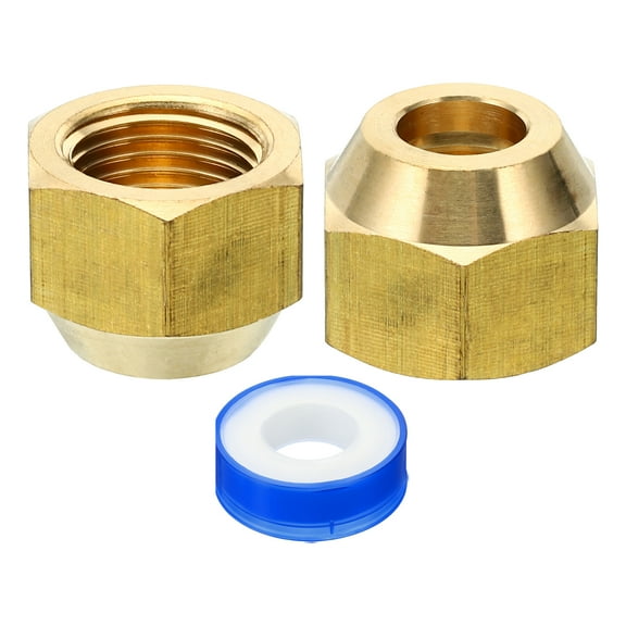 Uxcell 3/8 SAE Brass Flare Nut, 2 Pack 45 Degree Copper Flared Tube Fitting Brass Pipe Fitting Cap with Tape Glossy