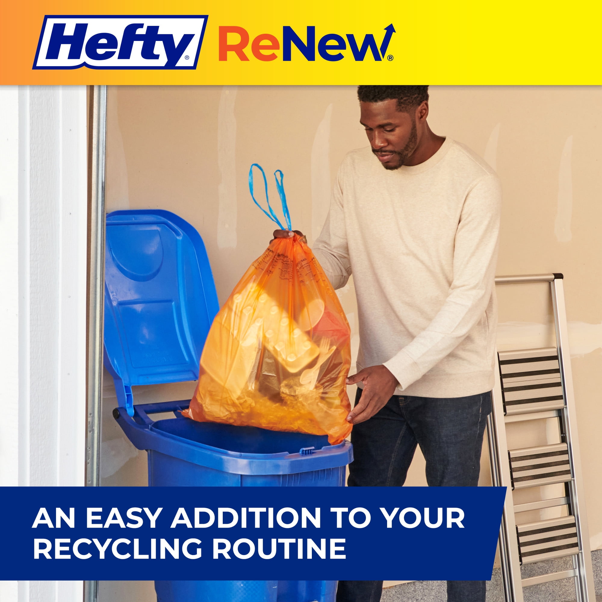 (9 pack) Hefty ReNew Orange Drawstring Bag for Hard to Recycle Plastics, Made with 20% Post-Consumer Recycled Materials, 20 Count