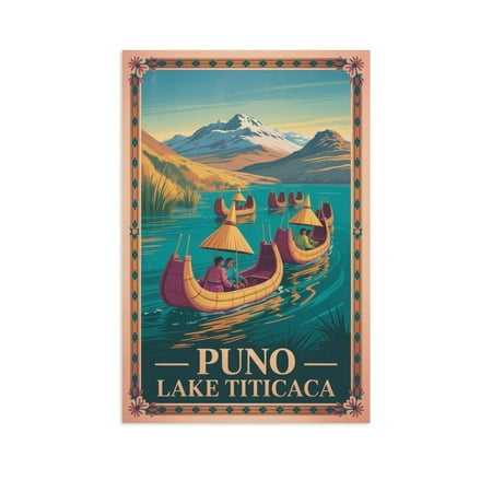 Colorful Vintage City Travel Poster of Puno Peru with Lake And Andean Culture Canvas Poster
