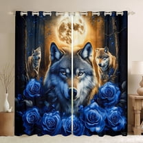 Homewish Jungle Wolf Family Black Out Curtains for Adult, Blue Rose Flower Floral Curtains Pack of 2 (42x63 Each), Western Bohemian Style Bedroom Curtains, Blackout Curtains Room Decor