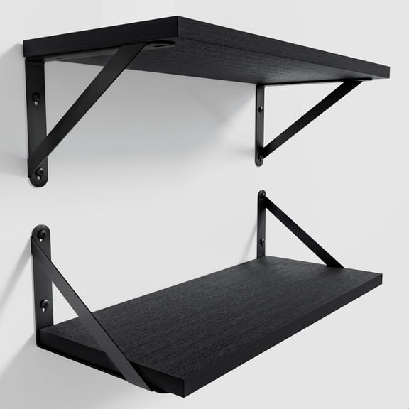 Wall Shelves 7.3" Deep Set of 2, Solid Paulownia Wood Wider Longer Sturdy Easy to Install Wall Mounted Bookshelves Storage Shelves Bathroom Home Office Laundry Room Bedroom Organizer Black