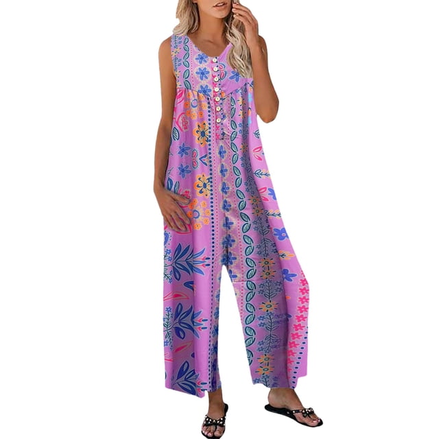 2DXuixsh Combinaison pour Femmes Mode Col Rond Imprimé Combinaisons Sans Manches Bouton Combinaison Pantalon Droit Poche Combinaisons Violet Taille g