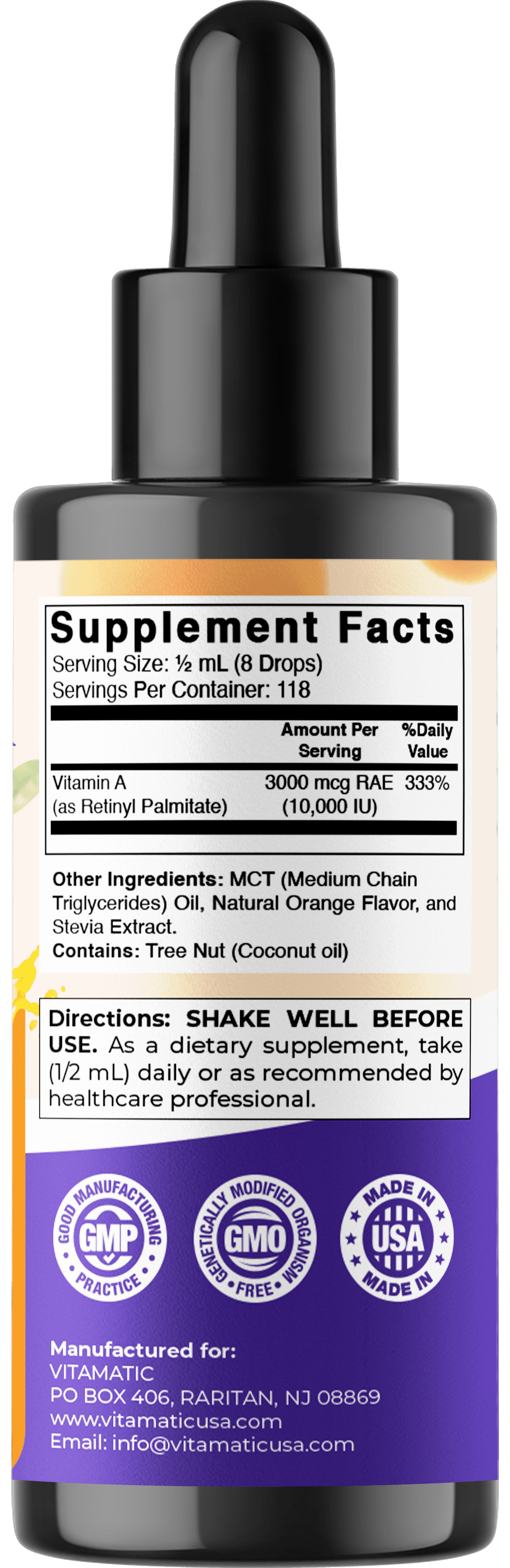 (2 pack) Vitamatic Sugar Free Vitamin A Liquid Drops 10000 IU (3000 mcg) as Retinyl Palmitate - Approximate 4 Months Supply - Immune Support, Eye Health, Skin Health - 2 FL OZ (59 ml)