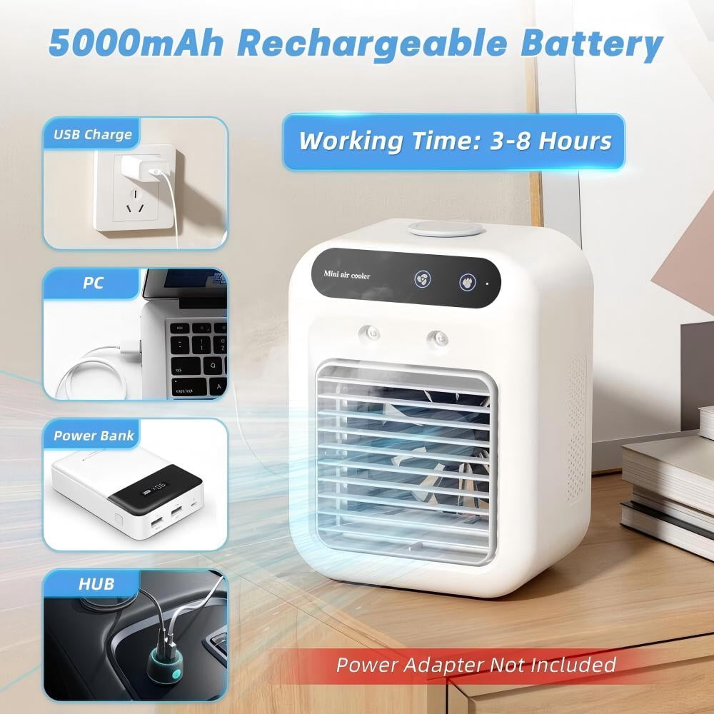 「MistPro 3-in-1 Portable Air Cooler | USB Rechargeable Personal Fan w/ 40Hrs Runtime & 2 Mist Modes | Evaporative Cooling for Bedroom/Office/Camping | Desktop & Outdoor Use」