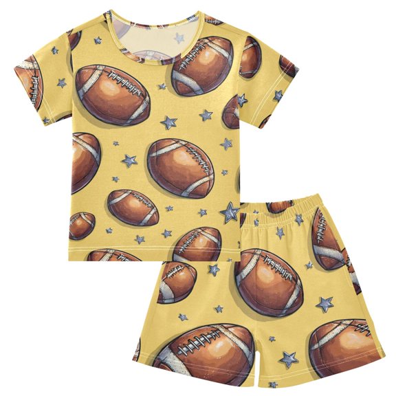 Summer Short Sleeve Pajama Sets Footballs and Stars Patterns Sleepwear Nighty 95% Cotton (5-14Y)