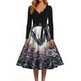 thumbnail image 4 of Women's Halloween Dress Witch Hat Candy Long Sleeve Hepburn Cocktail Cute Dresses V Neck 1950s Funny Classic Tea Length Dress with Belt XL, 4 of 5