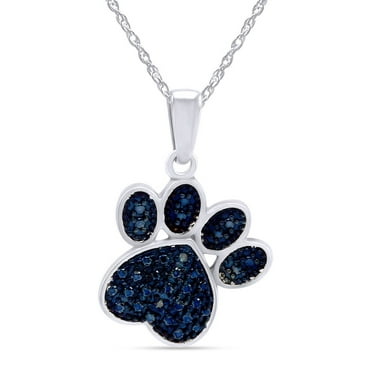 Blue Diamond Accent Paw Print Pendant Necklace Solid 925 Sterling Silver