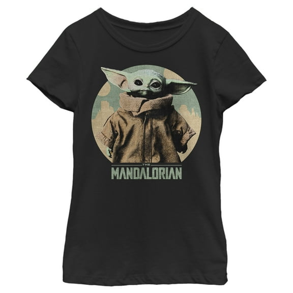 Girl's Star Wars: The Mandalorian Distressed Grogu Logo Graphic Tee Black Medium