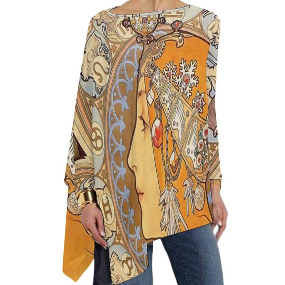 Art Nouveau T-Shirt Retro Floral Print Pretty Long Sleeve T-Shirts Ladies Korean Fashion Tshirt Oversized Custom Tops