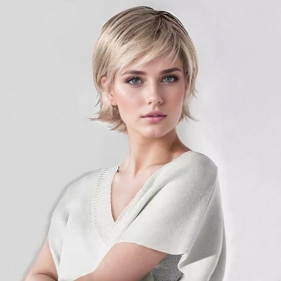 Gradient gold short curly wig for women fashionable short hair oblique bangs reversed wig